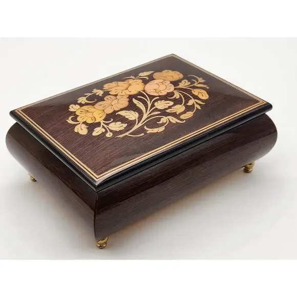 Romance Italian Music Box Inlaid Floral Lacquered Jewelry Trinket